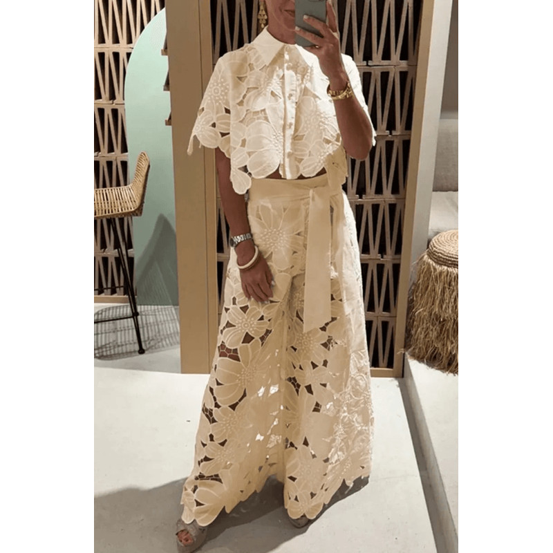 Elegant Lapel Shirt And Wide Leg Pants TwoPiece Suit For Women 0