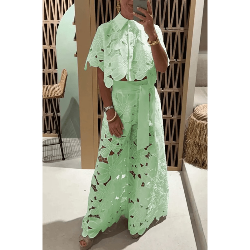 Elegant Lapel Shirt And Wide Leg Pants TwoPiece Suit For Women 2