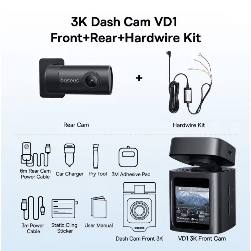 Baseus VD1 3K Dual Dash Cam Front And Rear With GPS And Supercapacitor 7