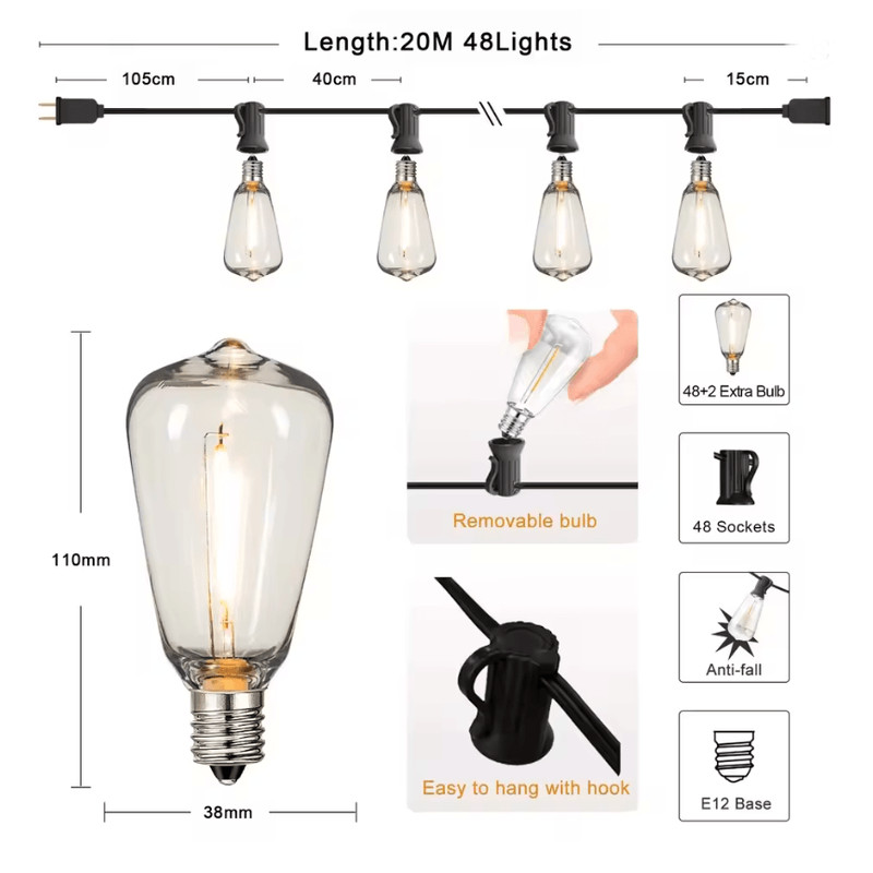 GardenGlow ST38 Waterproof Shatterproof Outdoor LED String Lights 6