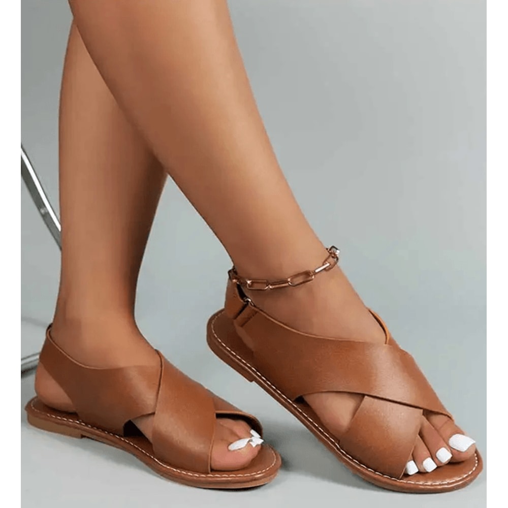 Womens Soft PU Leather Flat Sandals Summer Beach Casual Walking Shoes 1