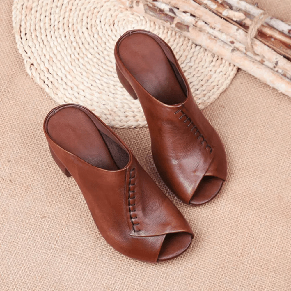Soft Leather Mid Heel Sandals For Women Comfortable Slip On Summer Shoes 2