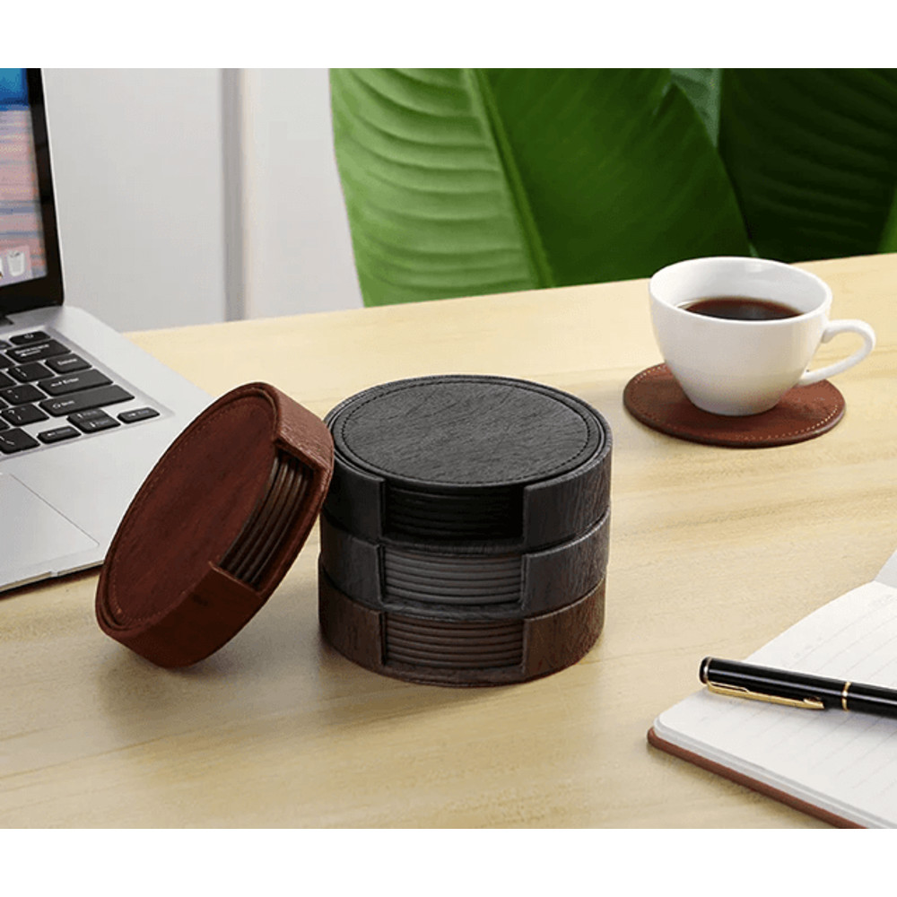 Elegant Wood Grain Leather Drink Coasters Set 6 Piece Insulated Non Stick Cup Placemats 0