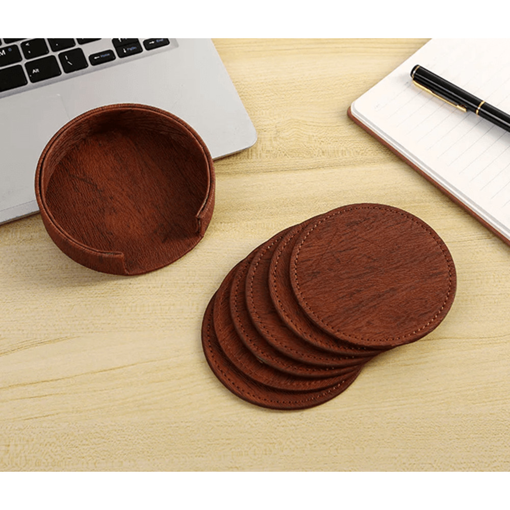 Elegant Wood Grain Leather Drink Coasters Set 6 Piece Insulated Non Stick Cup Placemats 1
