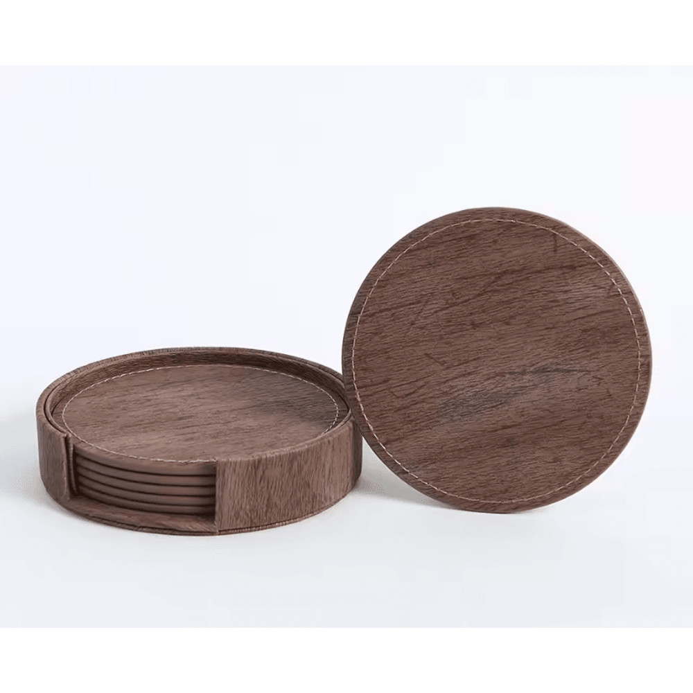Elegant Wood Grain Leather Drink Coasters Set 6 Piece Insulated Non Stick Cup Placemats 3