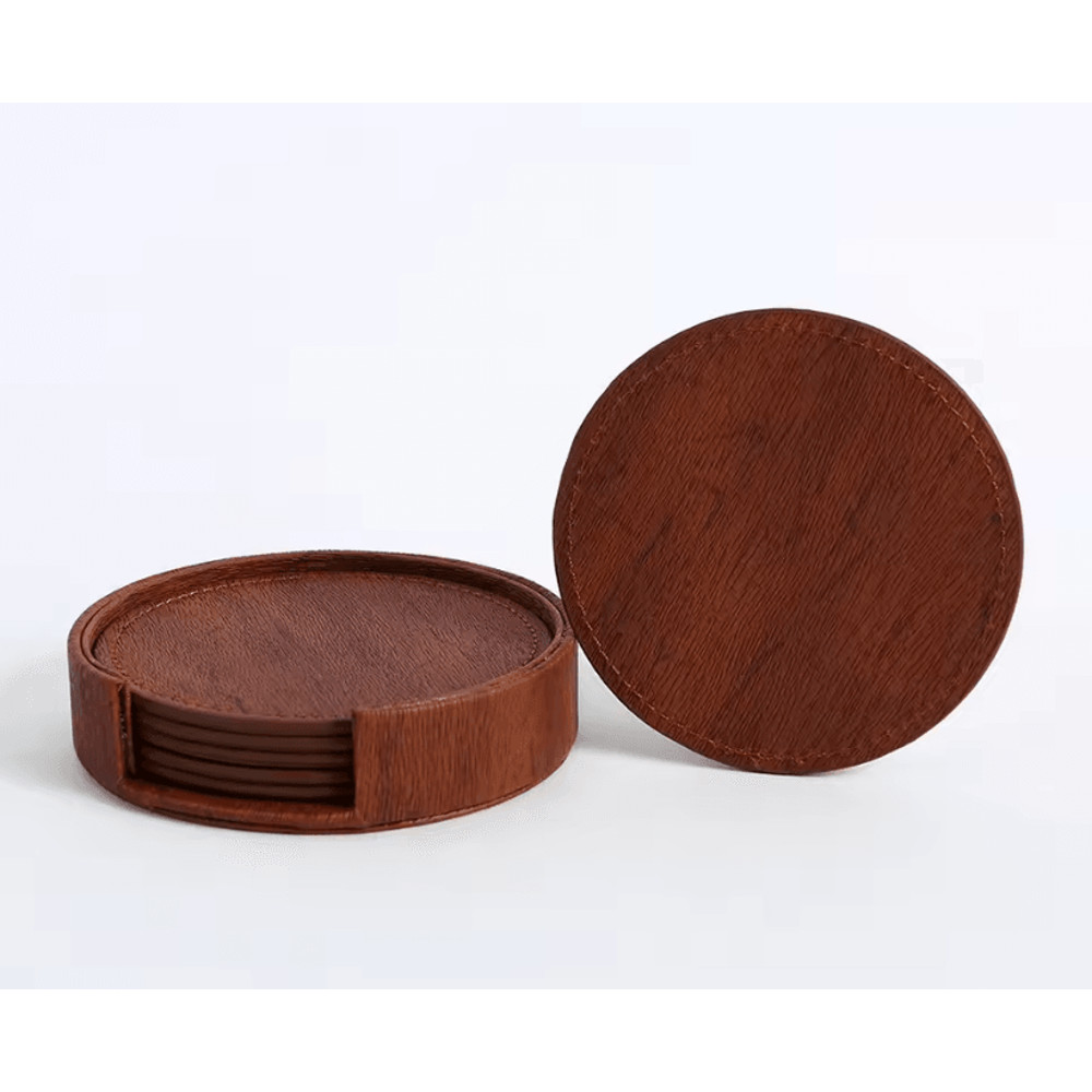Elegant Wood Grain Leather Drink Coasters Set 6 Piece Insulated Non Stick Cup Placemats 4