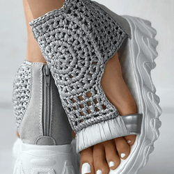 elegant gold knitted elastic flat sandals braided mesh slip on for women