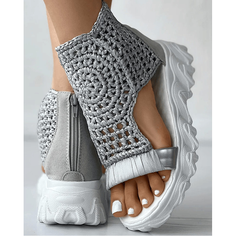 Elegant Gold Knitted Elastic Flat Sandals Braided Mesh Slip On For Women 0