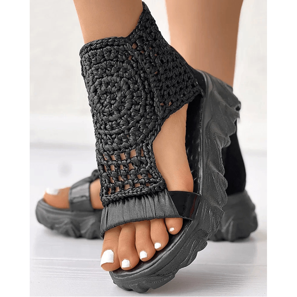 Elegant Gold Knitted Elastic Flat Sandals Braided Mesh Slip On For Women 2