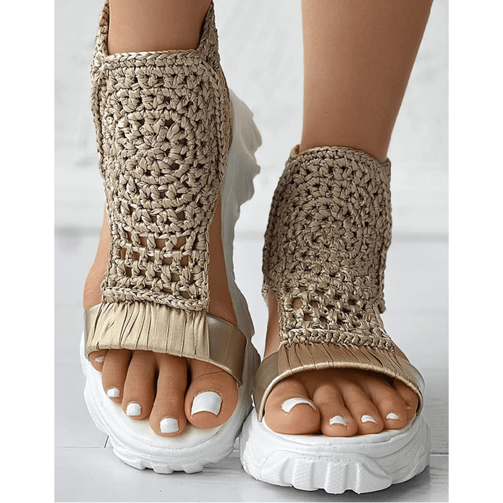 Elegant Gold Knitted Elastic Flat Sandals Braided Mesh Slip On For Women 5