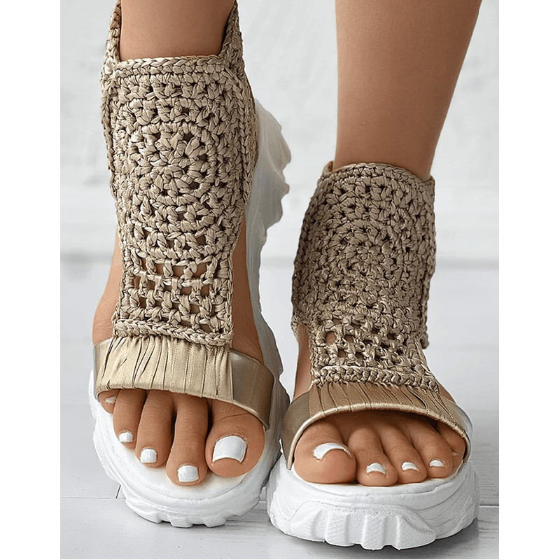 Elegant Gold Knitted Elastic Flat Sandals Braided Mesh Slip On For Women 5