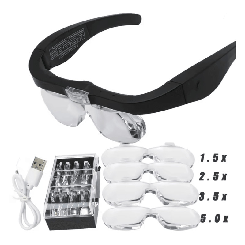 USB Rechargeable LED Magnifying Glasses With Interchangeable Lenses For Hands Free Work 0