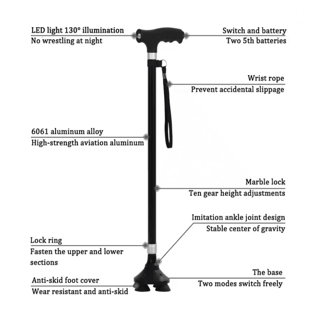 Adjustable Retractable Aluminum Walking Cane With LED Light 1