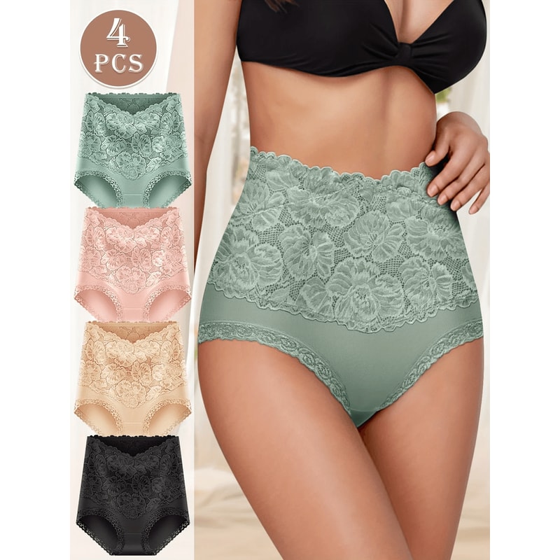 4 Pack High Waisted Jacquard Cotton Briefs 0