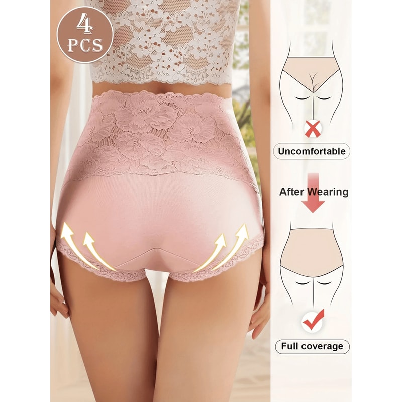 4 Pack High Waisted Jacquard Cotton Briefs 2