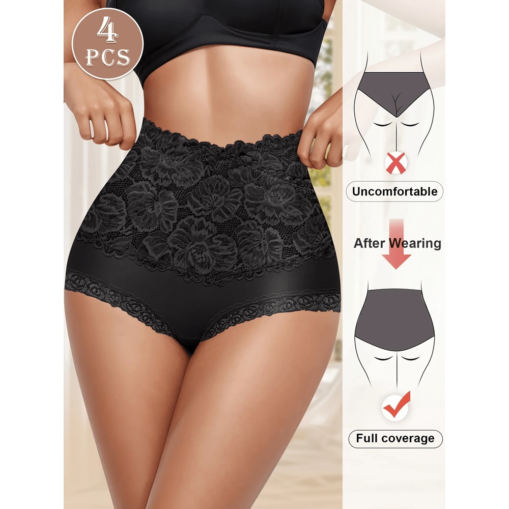 4 Pack High Waisted Jacquard Cotton Briefs 3