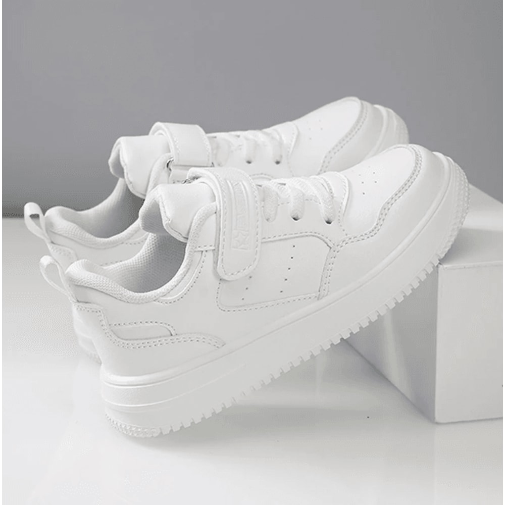 Kids Black Leather Lightweight NonSlip Sneakers 1