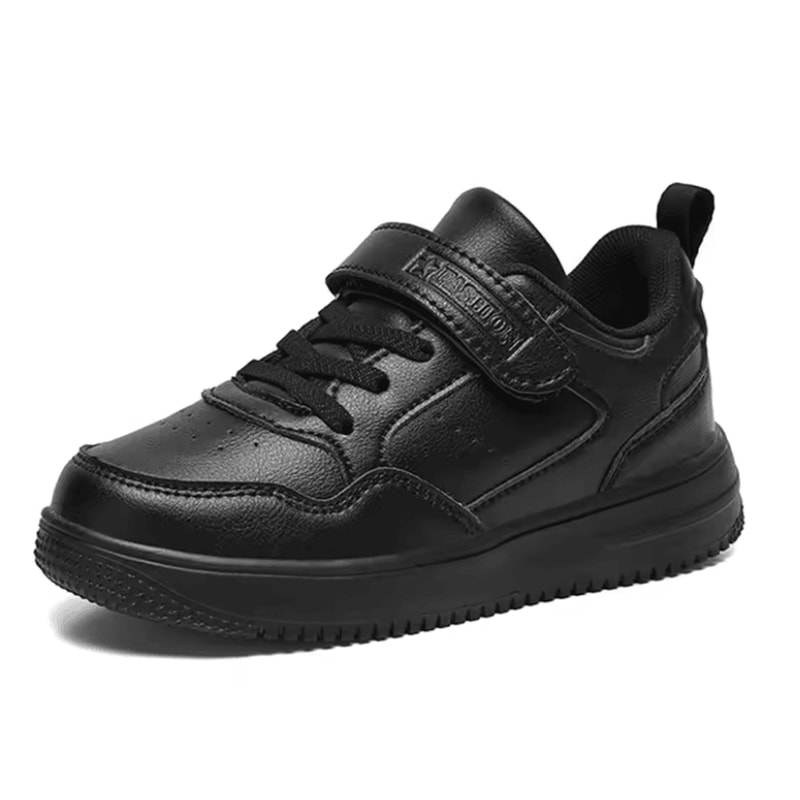 Kids Black Leather Lightweight NonSlip Sneakers 5