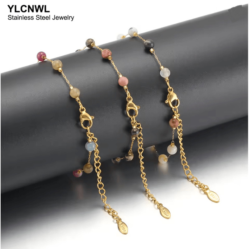 Natural Stone Crystal Bead Chain Bracelet For Women In Gold Tone 0