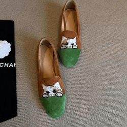 cat embroidered square toe ballet flats women comfort slip-on shoes