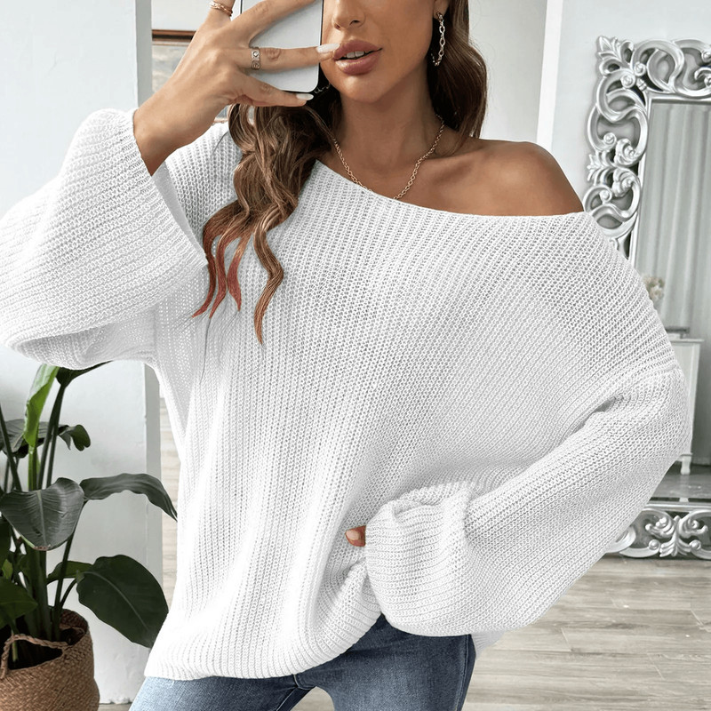 OffShoulder Flare Sleeve Sweater For Women Chic Knit Pullover 2