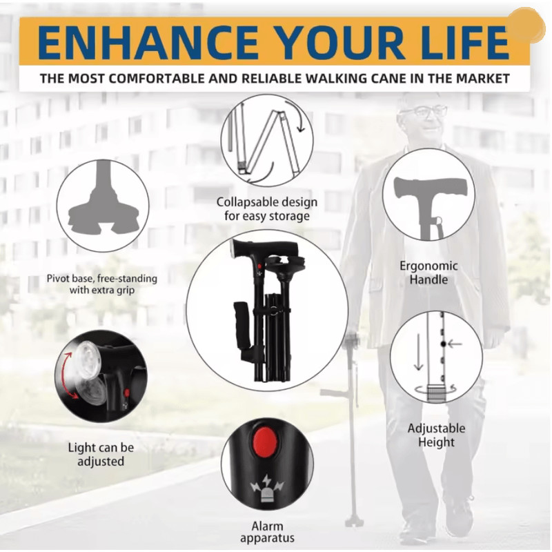 Folding Adjustable Walking Cane With LED Light 2