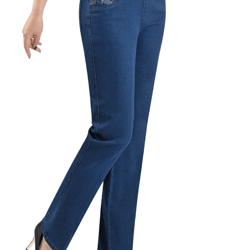 classic high waist stretch denim pants for women with embroidered pockets