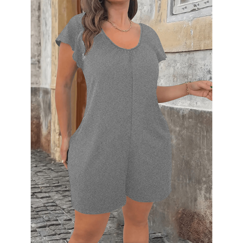 Plus Size V Neck Jumpsuit With Flounce Sleeves And Pockets Casual Chic Summer Outfit 0