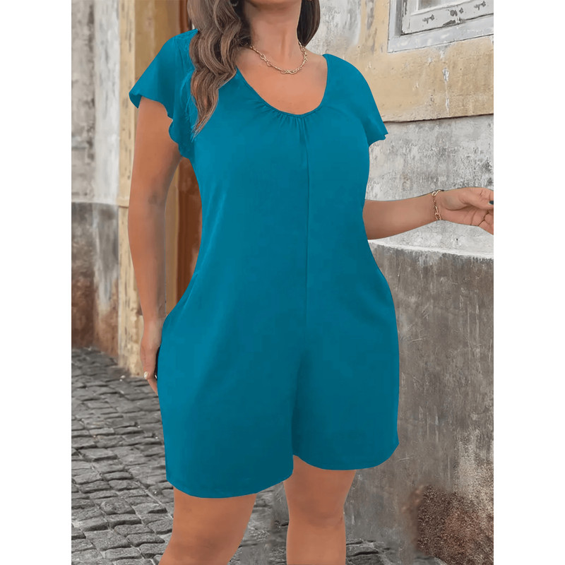 Plus Size V Neck Jumpsuit With Flounce Sleeves And Pockets Casual Chic Summer Outfit 1