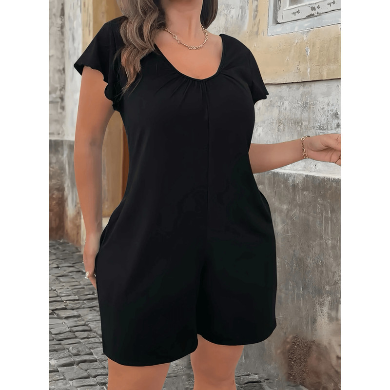 Plus Size V Neck Jumpsuit With Flounce Sleeves And Pockets Casual Chic Summer Outfit 2
