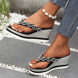 womens pearl decor wedge sandals thick sole platform flip flops for summer