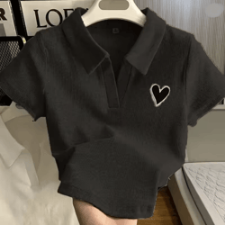 embroidered polo collar crop top for women casual korean fashion