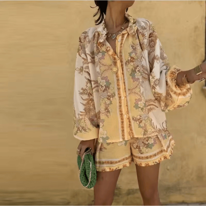 Summer Getaway High Waist Print Shorts Set Womens Lantern Sleeve Top And Casual Vacation Outfit 0