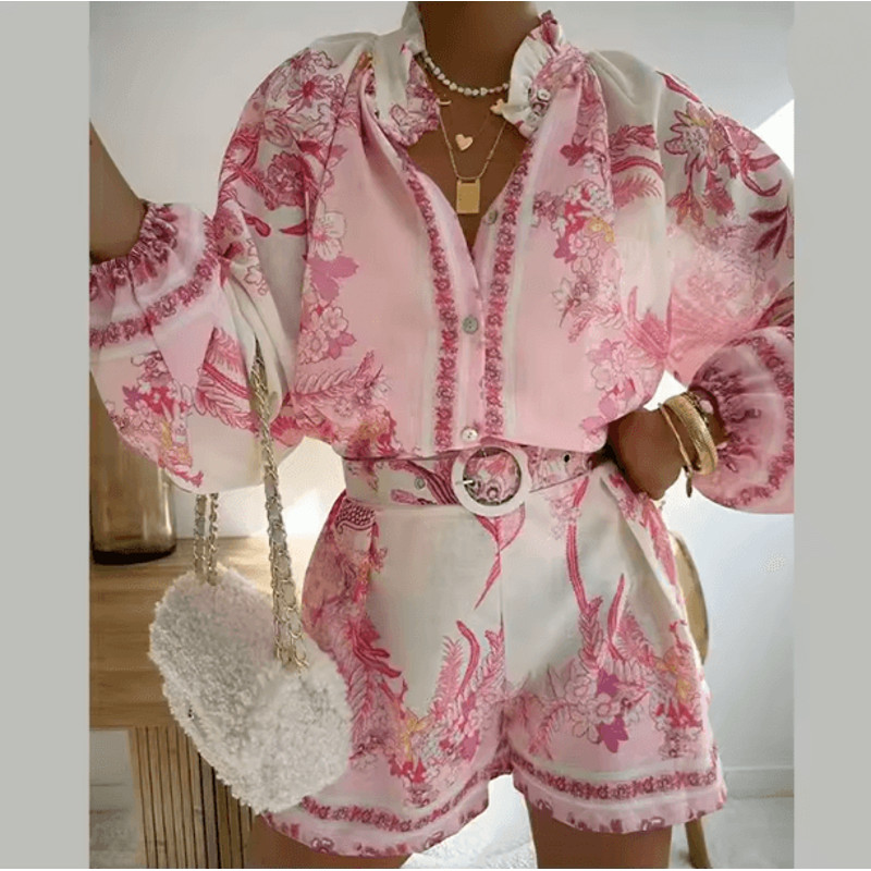 Summer Getaway High Waist Print Shorts Set Womens Lantern Sleeve Top And Casual Vacation Outfit 1