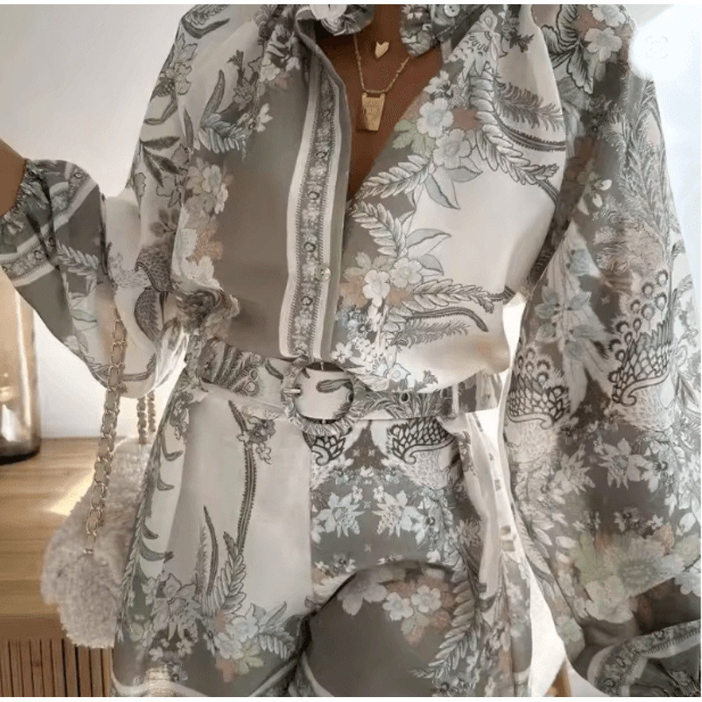 Summer Getaway High Waist Print Shorts Set Womens Lantern Sleeve Top And Casual Vacation Outfit 2