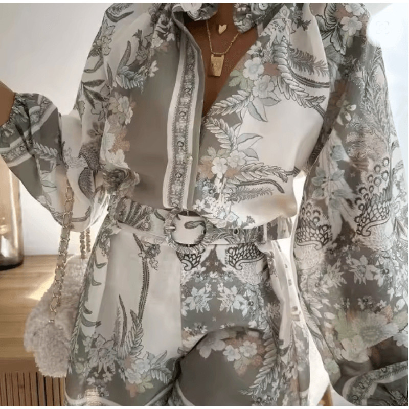 Summer Getaway High Waist Print Shorts Set Womens Lantern Sleeve Top And Casual Vacation Outfit 2