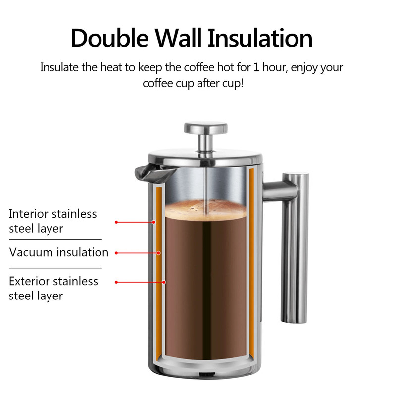 Brew Master Double Wall Stainless Steel French Press Coffee Maker 3
