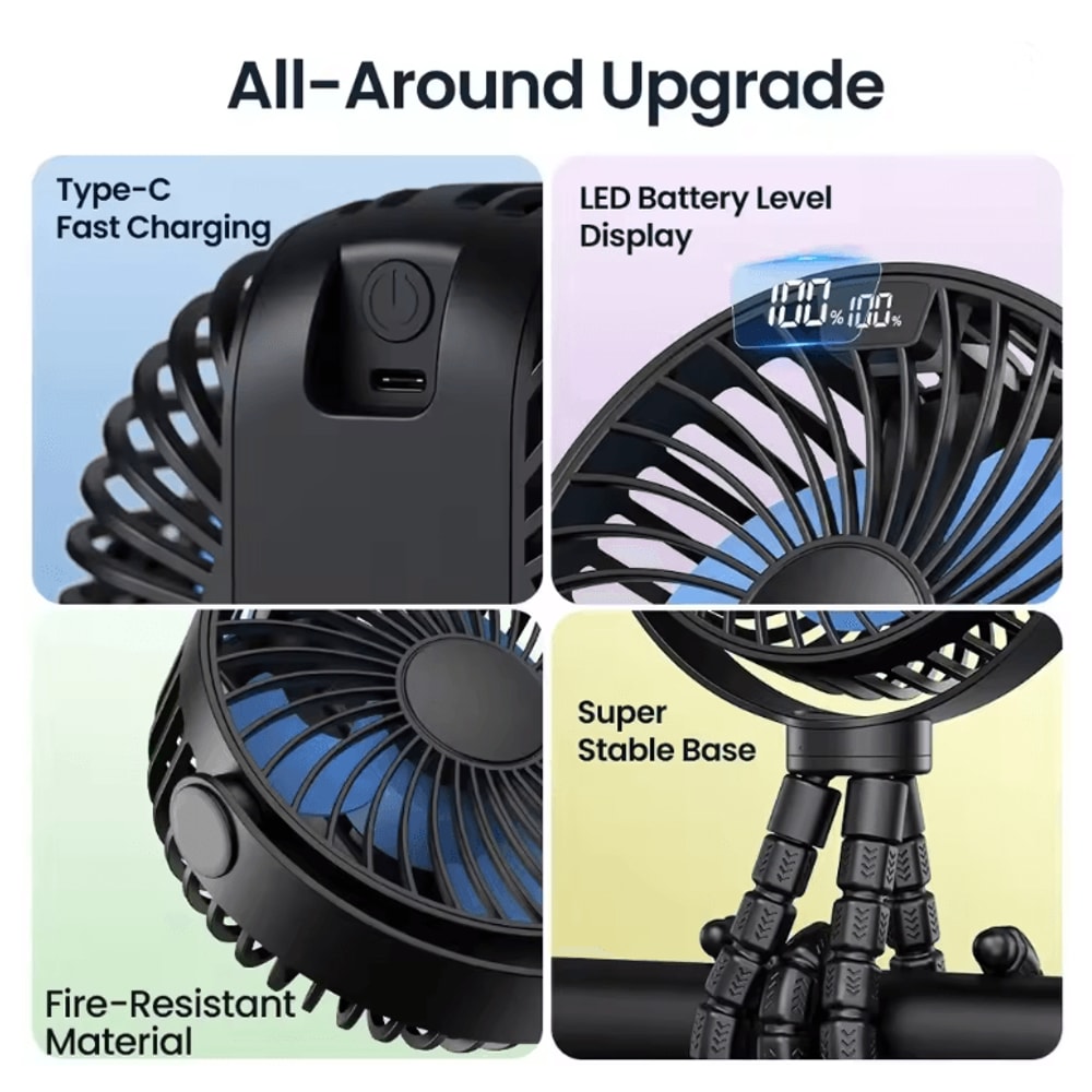 TOPK Portable Stroller Fan With LED Display 5000mAh Rechargeable Personal Cooling Fan 2