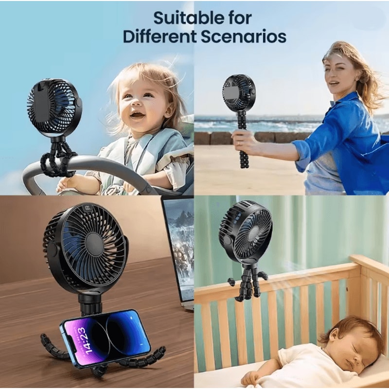TOPK Portable Stroller Fan With LED Display 5000mAh Rechargeable Personal Cooling Fan 3