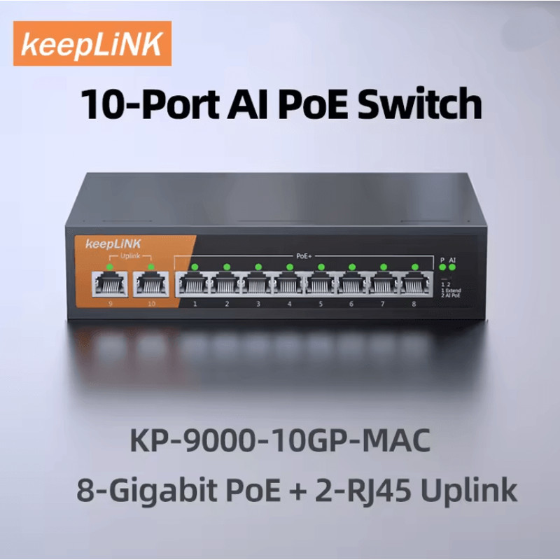 KeepLiNK 10 Port Gigabit Ethernet Switch With 8 PoE Ports And Dual RJ45 Uplink 0
