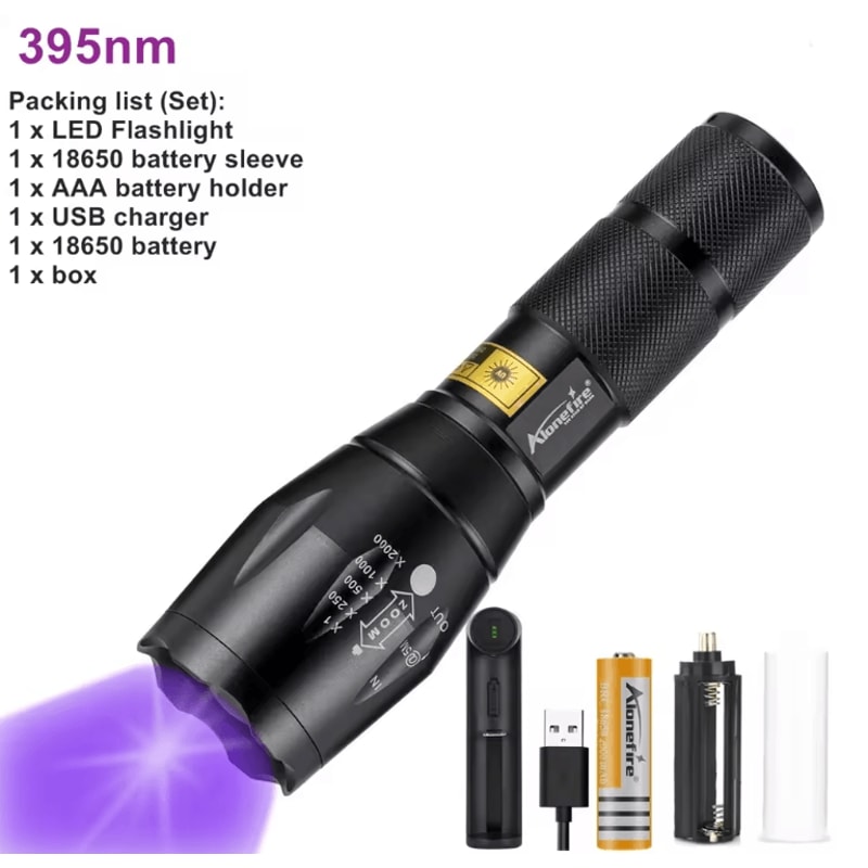UV LED Flashlight 365nm 395nm Black Light Torch For Pet Stain Detection And Money Authentication 5