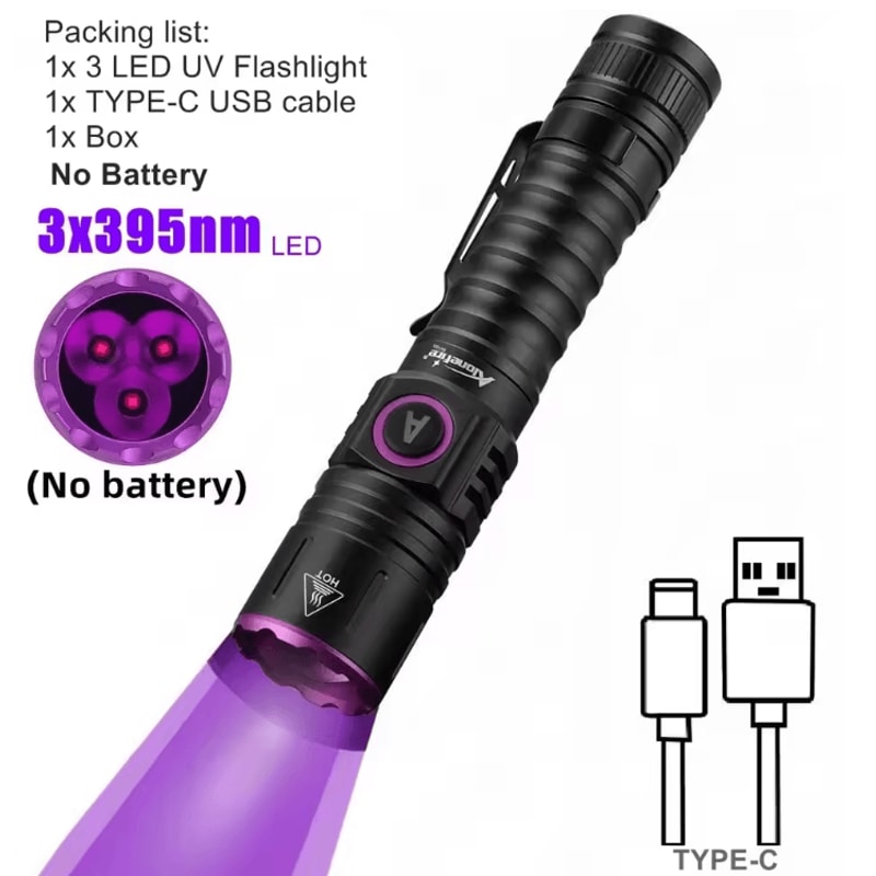 15W UV Blacklight Flashlight 365nm USB Rechargeable For Pet Stains Money And Mineral Detection 4