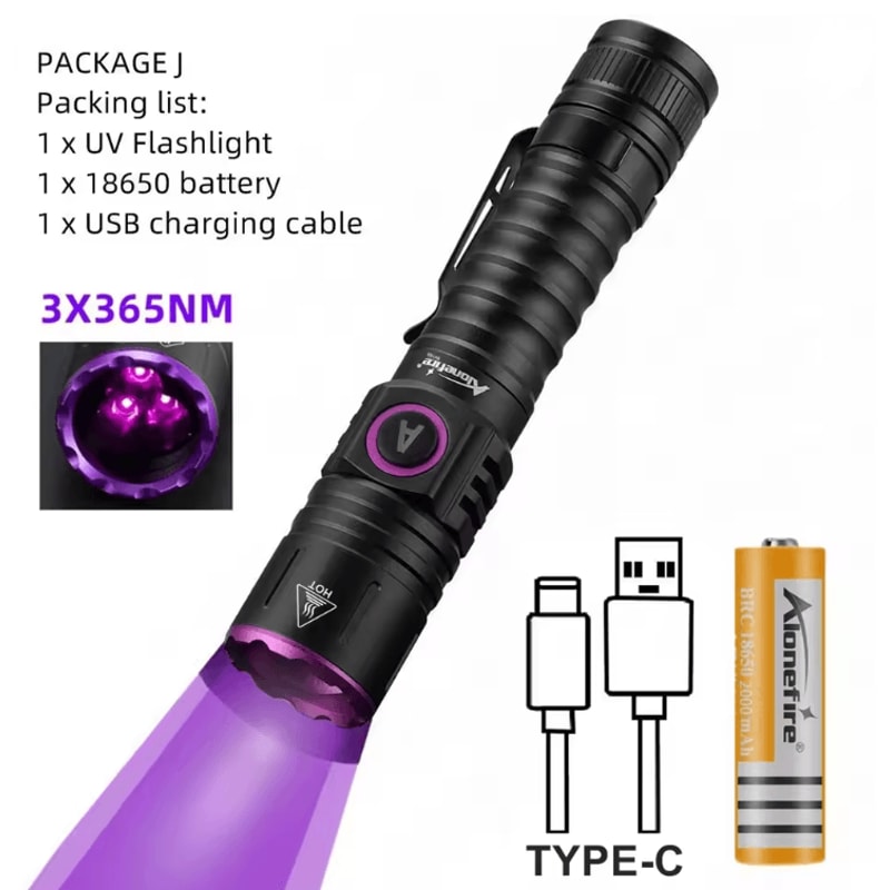 15W UV Blacklight Flashlight 365nm USB Rechargeable For Pet Stains Money And Mineral Detection 5