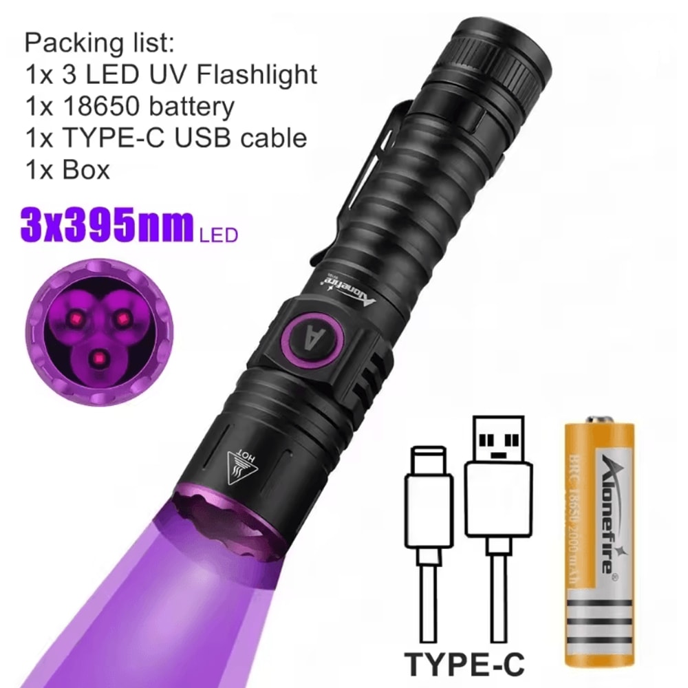 15W UV Blacklight Flashlight 365nm USB Rechargeable For Pet Stains Money And Mineral Detection 7