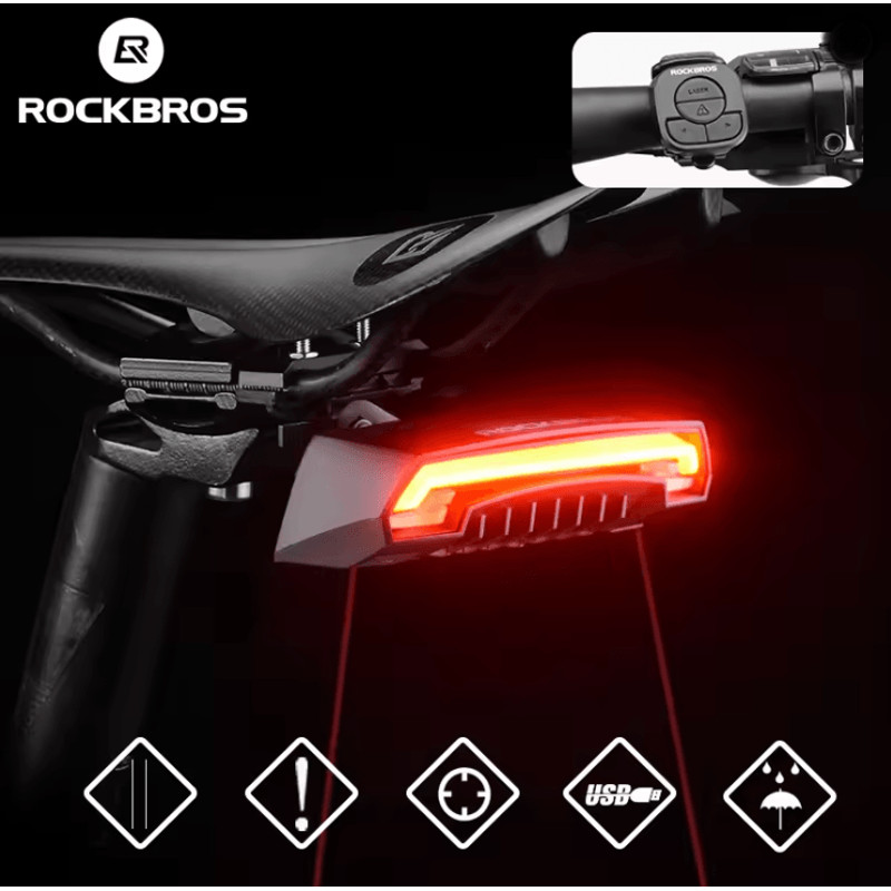 ROCKBROS Wireless Bike Tail Light USB Rechargeable Waterproof Rear Lamp With Remote Turn Signals 0
