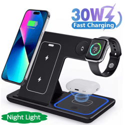 30w led fast wireless charger stand 3 in 1 foldable charging station for iphone apple watch and airpods