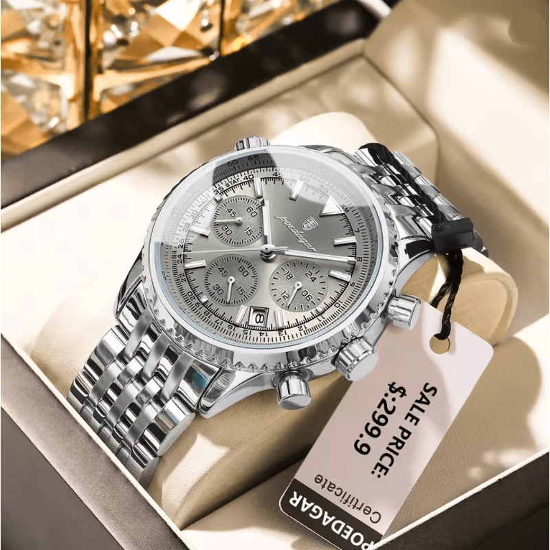 POEDAGAR Luxury Mens Chronograph Watch Stainless Steel Waterproof Design 6