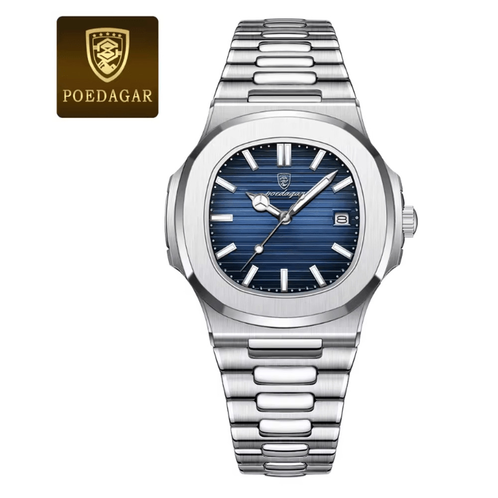 POEDAGAR Luxury Square Mens Watch Stainless Steel Waterproof Quartz Design 6