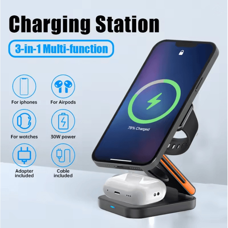 30W 3 In 1 Foldable Magnetic Wireless Charger Stand For IPhone Apple Watch And AirPods 0