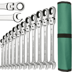 metric ratcheting wrench set with flexible head and gear ring design